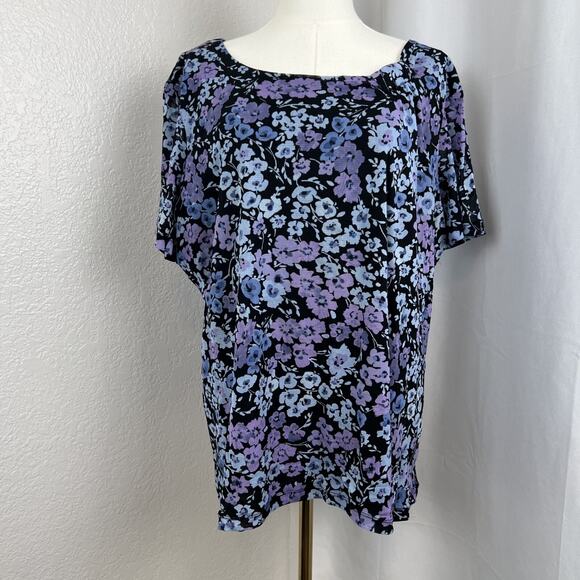 Croft Barrow Top Womens 3X Blue Floral Mesh Overlay Cottagecore Boho Y2K Fairy - Picture 1 of 10